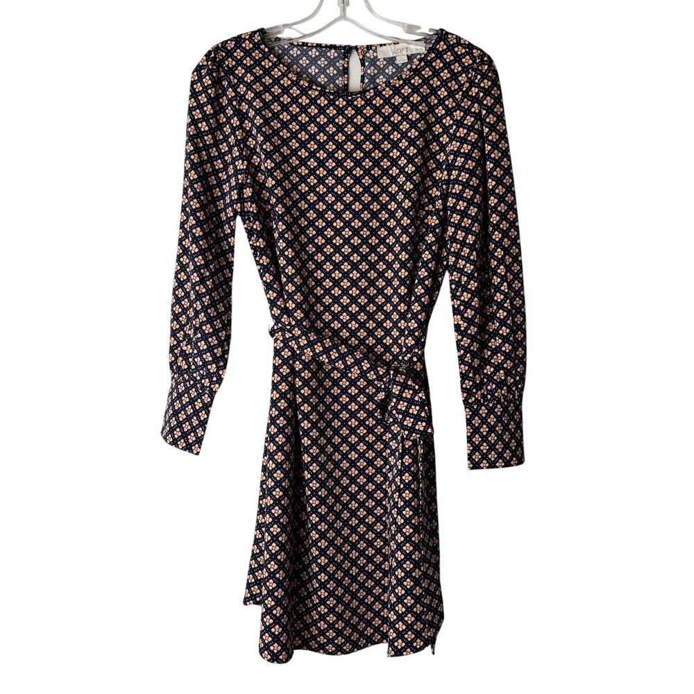 Loft Cherry Blossom Tie Waist Dress Navy and Blush Small Petite - Picture 2 of 7